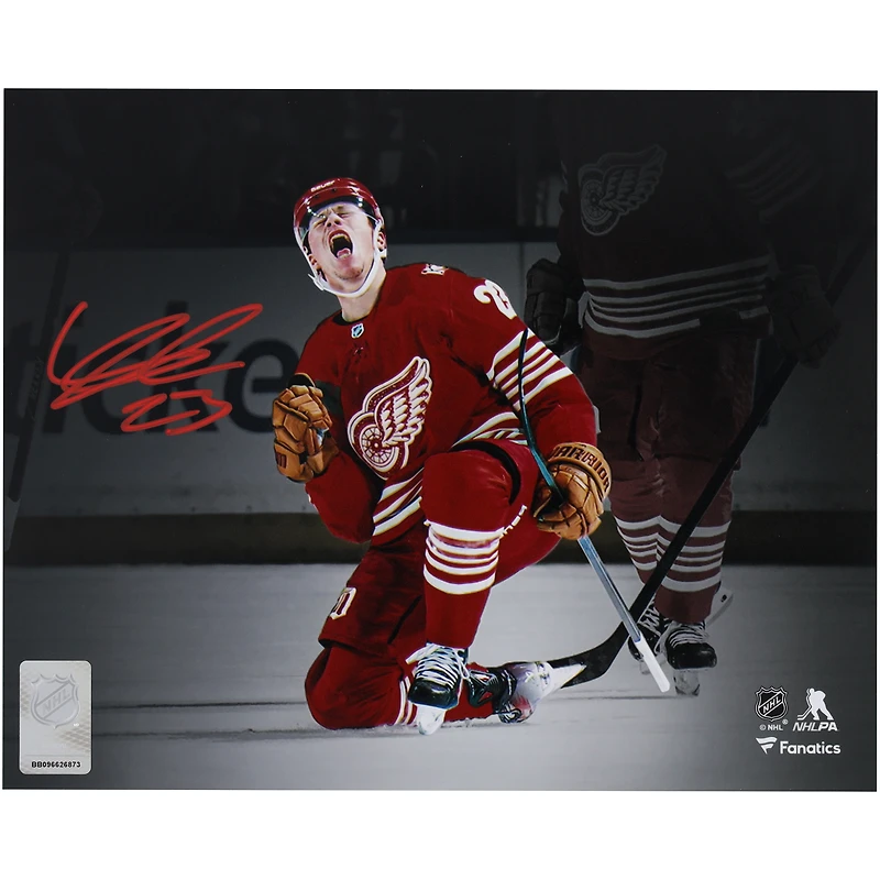 Lucas Raymond Detroit Red Wings Autographed 8" x 10" 100th Goal Celebration Spotlight Photograph