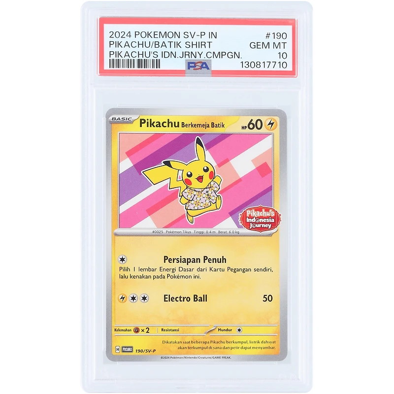Pikachu Berkemeja Batik 2024 Pokemon Pikachu's Indonesian Journey Promo Batik Shirt #190 PSA Authenticated 10 Card
