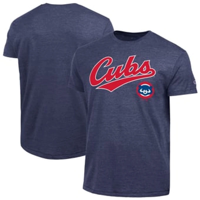 Men's Champion  Navy Chicago Cubs Cooperstown Wordmark Lockup Tri-Blend T-Shirt