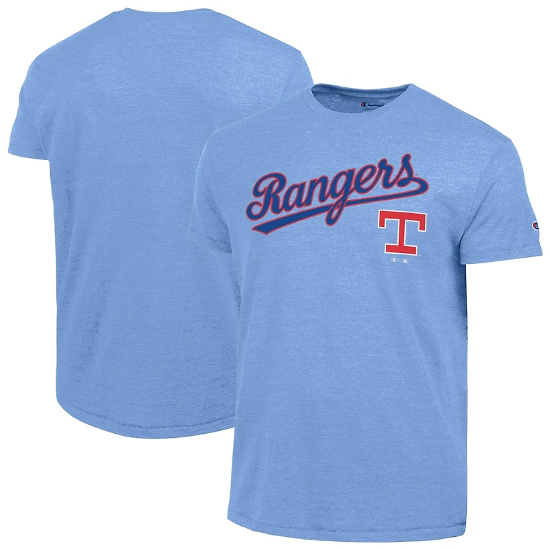 Men's Champion Light Blue Texas Rangers Cooperstown Wordmark Lockup Tri-Blend T-Shirt