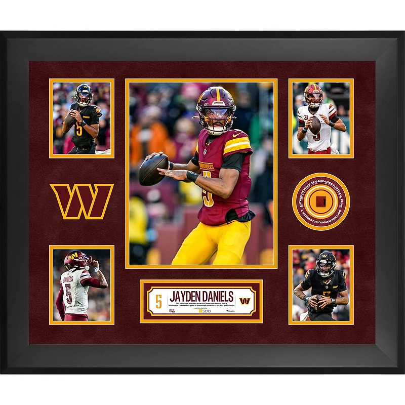 Jayden Daniels Washington Commanders Framed 20" x 24" 5-Photo Collage with a Piece of Game-Used Football - Limited Edition of 500