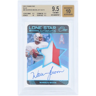 Warren Moon Houston Oilers Autographed 2021 Panini One Lone Star Tri-Color Relic Blue #83 #7/15 BGS Authenticated 9.5/10 Card - 9.5,10,9.5,9.5 Subgrades