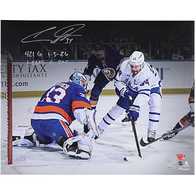 Auston Matthews Toronto Maple Leafs Autographed 16" x 20" White Jersey Scoring Goal Spotlight Photograph with Multiple Inscriptions - Limited Edition of 25