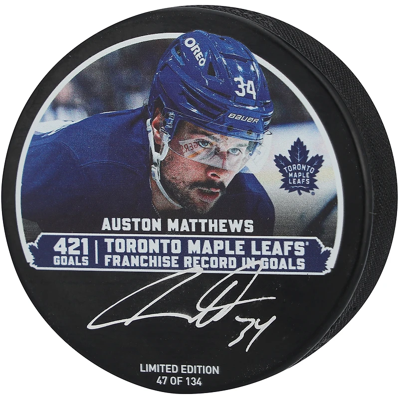 Auston Matthews Toronto Maple Leafs Autographed Franchise Goal Leader Hockey Puck - Limited Edition of 134