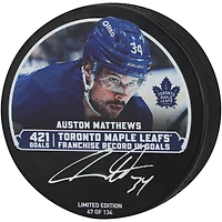 Auston Matthews Toronto Maple Leafs Autographed Franchise Goal Leader Hockey Puck - Limited Edition of 134
