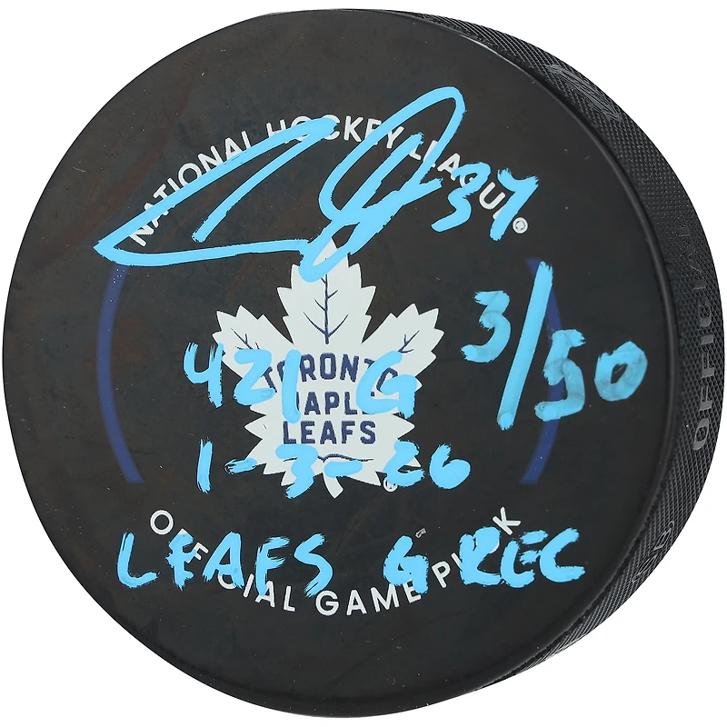 Auston Matthews Toronto Maple Leafs Autographed Official Game Puck with Multiple Inscriptions