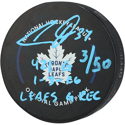 Auston Matthews Toronto Maple Leafs Autographed Official Game Puck with Multiple Inscriptions