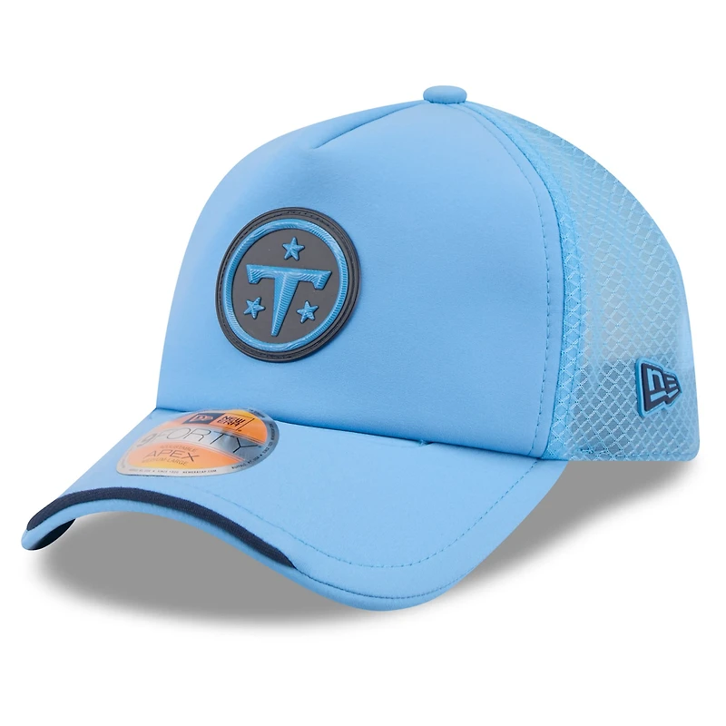 Men's New Era Light Blue Tennessee Titans 2026 Sideline Apex 9FORTY Adjustable Trucker Hat