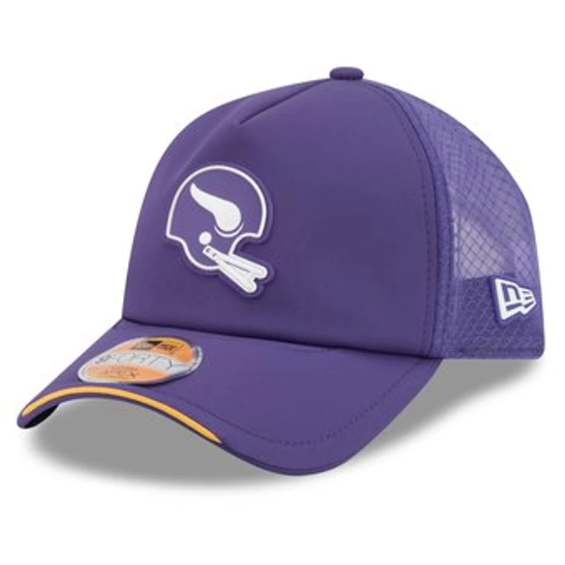 Men's New Era Purple Minnesota Vikings 2026 Sideline Throwback Apex 9FORTY Adjustable Trucker Hat