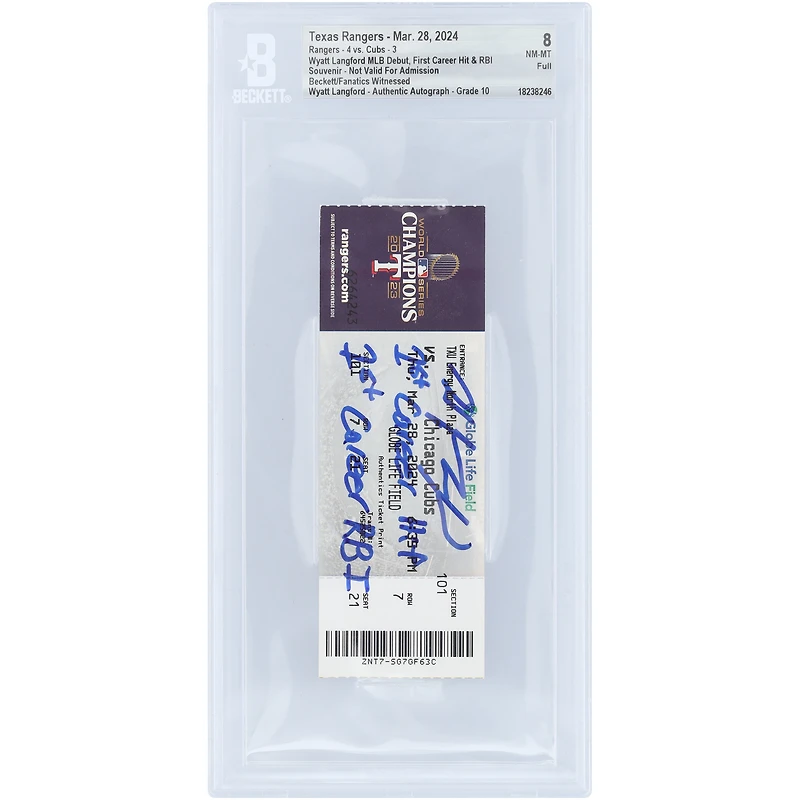 Wyatt Langford Texas Rangers Autographed MLB Debut Beckett Fanatics Witnessed Authenticated /10 Ticket from March 28