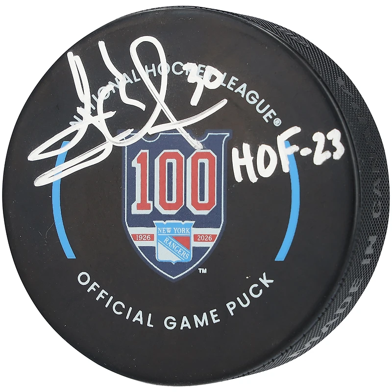 Henrik Lundqvist New York Rangers Autographed 100th Anniversary Official Game Puck with "HOF 23" Inscription