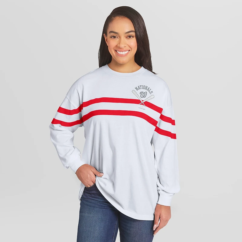 Women's WEAR by Erin Andrews White Washington Nationals Oversized Long Sleeve Striped T-Shirt
