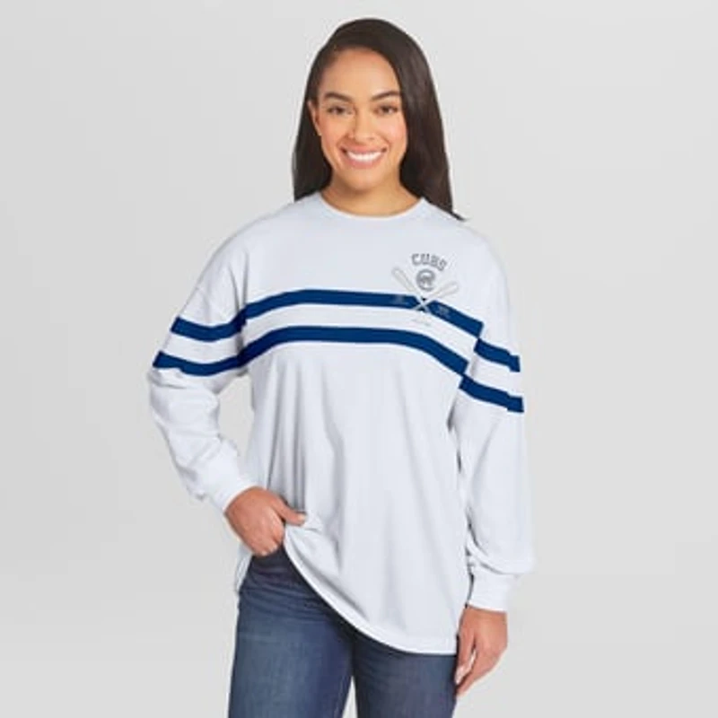 Women's WEAR by Erin Andrews White Chicago Cubs Oversized Long Sleeve Striped T-Shirt