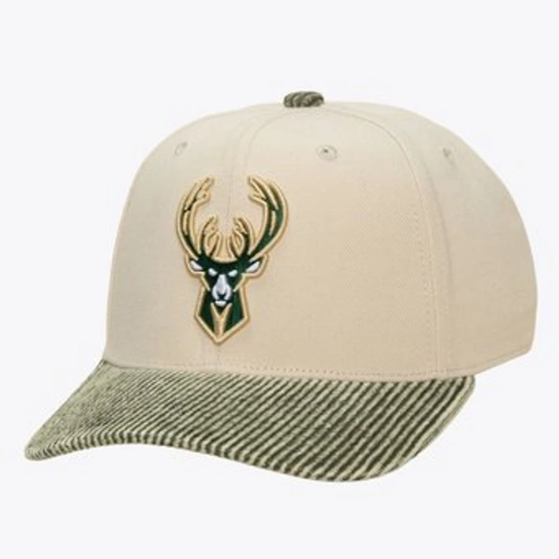 Men's Mitchell & Ness Cream/Green Milwaukee Bucks Washed Corduroy Pro Crown Snapback Hat