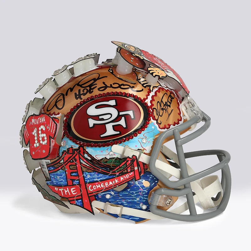 Joe Montana San Francisco 49ers Autographed Riddell Speed Mini Helmet with "HOF 2000" Inscription - Art by Charles Fazzino - WN55916250