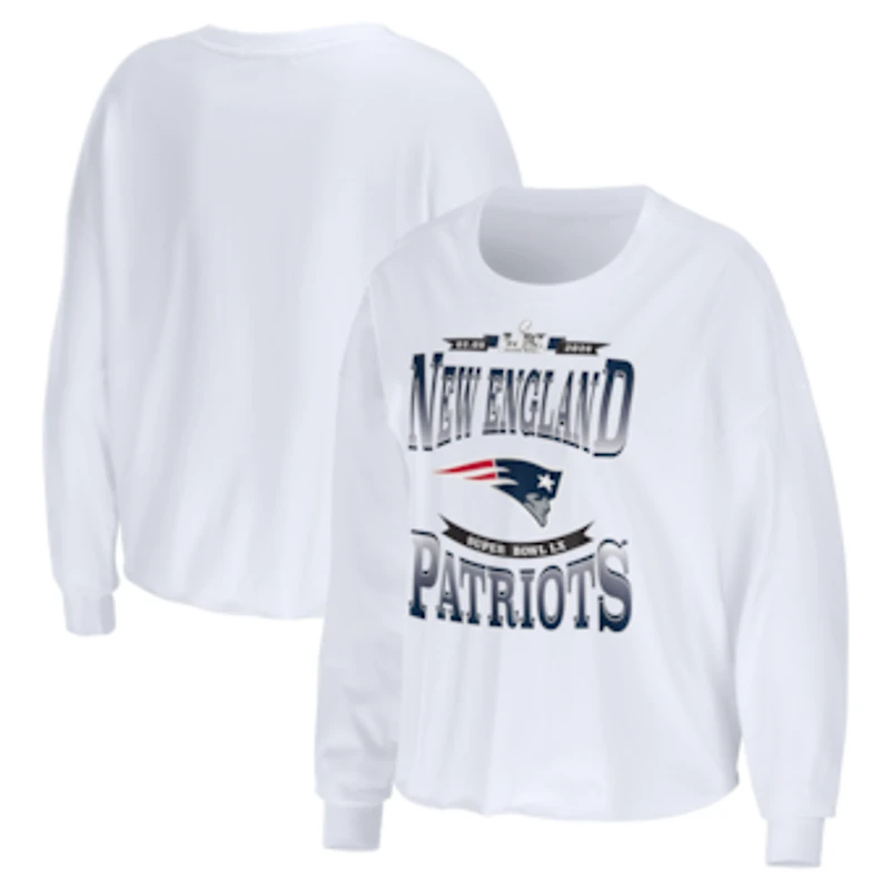 Women's WEAR by Erin Andrews  White New England Patriots Super Bowl LX Cropped Long Sleeve T-Shirt