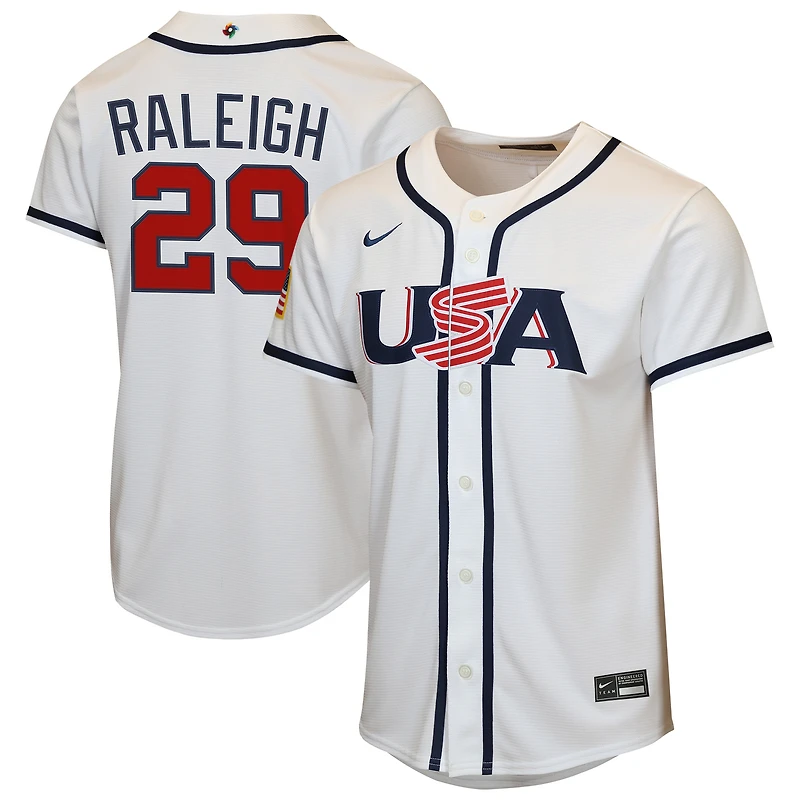 Youth Nike Cal Raleigh White USA Baseball 2026 World Baseball Classic Home Replica Jersey