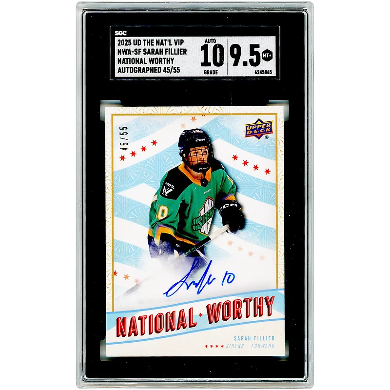 Sarah Fillier New York Sirens Autographed 2025 Upper Deck The National VIP National Worthy #NWA-SF #45/55 SGC Authenticated 9.5/10 Card