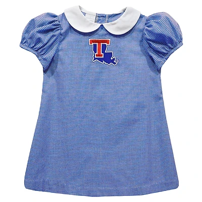 Girls Toddler Vive La Fete Royal Louisiana Tech Bulldogs Gingham Puffy A-Line Dress