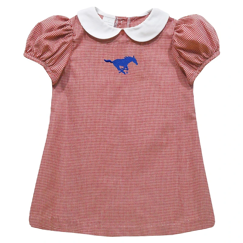 Girls Toddler Vive La Fete Red SMU Mustangs Gingham Puffy A-Line Dress