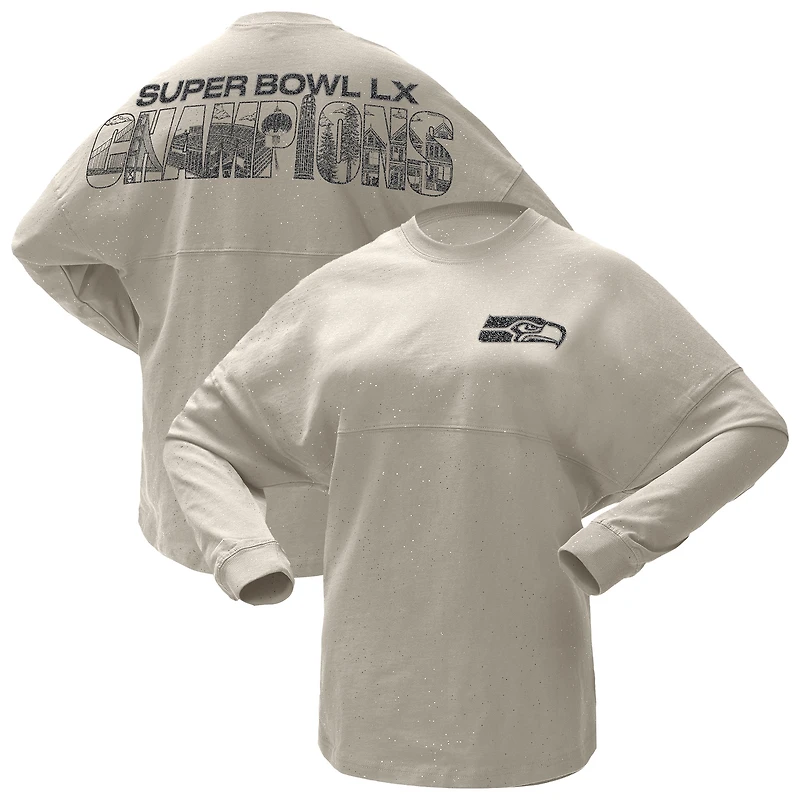 Women's Spirit Jersey Cream Seattle Seahawks Super Bowl LX Champions Sparkle Long Sleeve T-Shirt