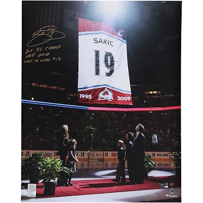 Joe Sakic Colorado Avalanche Autographed 16" x 20" Jersey Retirement Ceremony Photograph with Multiple Inscriptions - Limited Edition #1/1 - Signed in Gold Ink