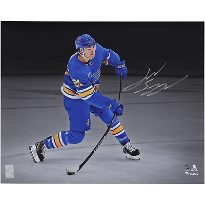 Jimmy Snuggerud St. Louis Blues Autographed 16" x 20" Blue Jersey Shooting the Puck Spotlight Photograph