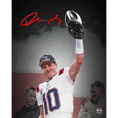 Drake Maye New England Patriots Autographed 16" x 20" Holding 2025 AFC Championship Trophy Spotlight Photograph
