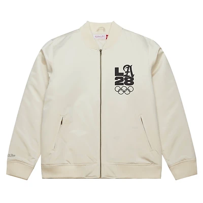 Men's Mitchell & Ness Cream LA28 Summer Olympics Satin Bomber Full-Zip Jacket