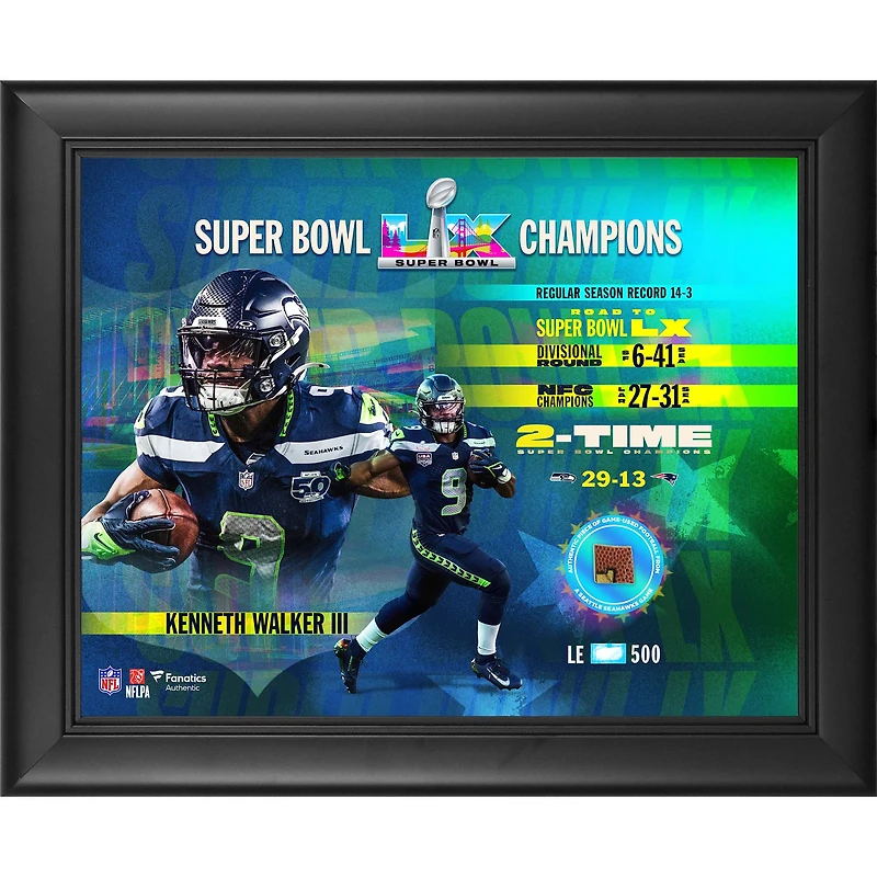Kenneth Walker III Seattle Seahawks Super Bowl LX Champions Framed 13" x 16" Collage with a Piece of Game-Used Football - Limited Edition of 500
