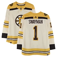 Jeremy Swayman Boston Bruins Autographed 100th Anniversary Beige Alternate adidas Jersey