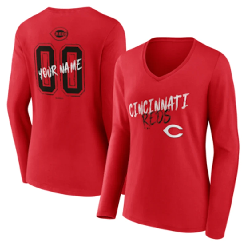 Women's Red Cincinnati Reds Hustle Personalized Name & Number Long Sleeve V-Neck T-Shirt