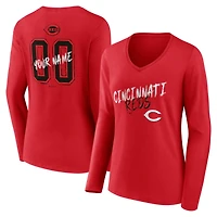 Women's Red Cincinnati Reds Hustle Personalized Name & Number Long Sleeve V-Neck T-Shirt