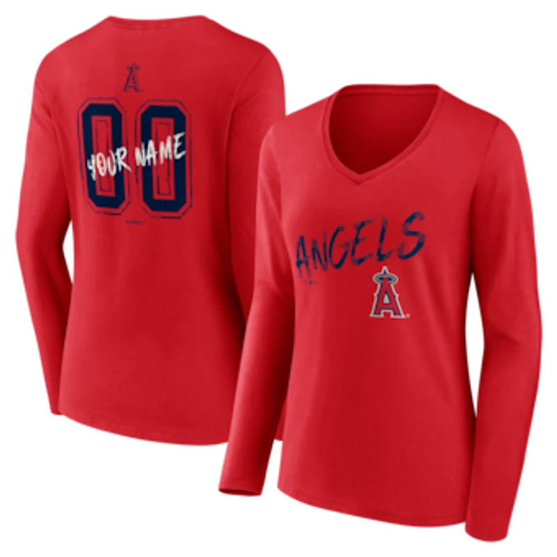 Women's Red Los Angeles Angels Hustle Personalized Name & Number Long Sleeve V-Neck T-Shirt