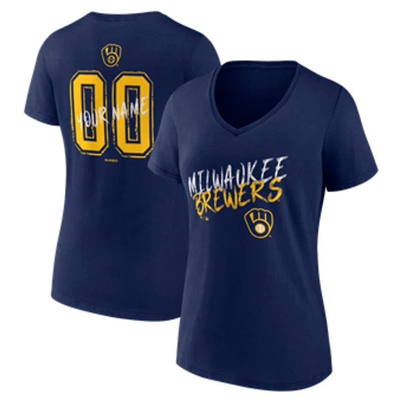 Women's Navy Milwaukee Brewers Hustle Personalized Name & Number V-Neck T-Shirt