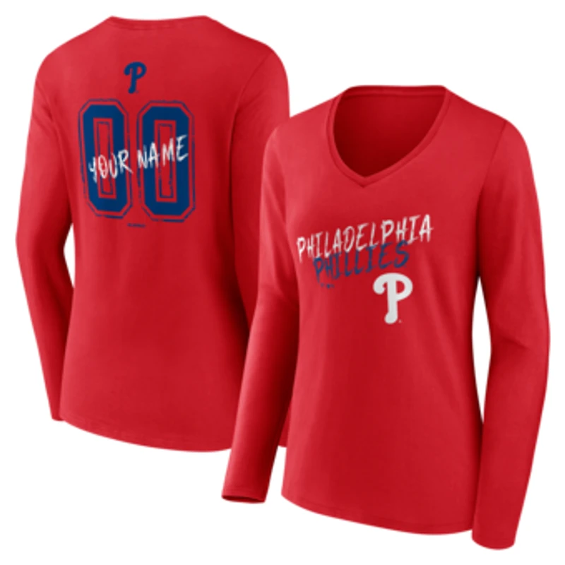 Women's Red Philadelphia Phillies Hustle Personalized Name & Number Long Sleeve V-Neck T-Shirt