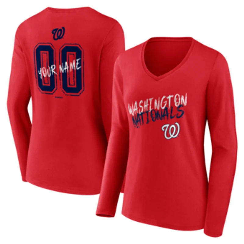 Women's Red Washington Nationals Hustle Personalized Name & Number Long Sleeve V-Neck T-Shirt
