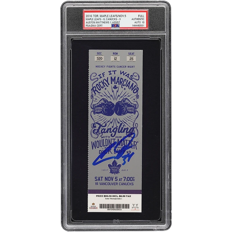 Auston Matthews Toronto Maple Leafs Autographed Rookie Season PSA Authenticated Auto 10 Ticket from November 5, 2016