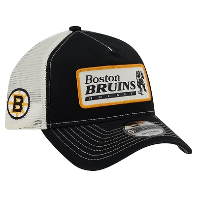 Men's New Era Black/White Boston Bruins Skater Patch A-Frame 9FORTY Adjustable Trucker Hat