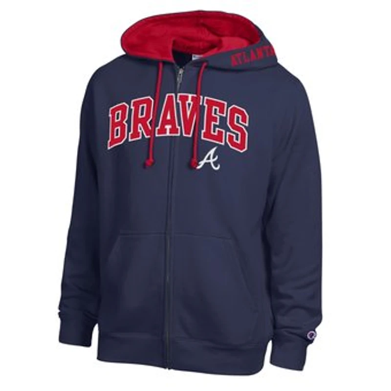 Men's Champion Navy/Red Atlanta Braves Volume Fleece Full-Zip Hoodie