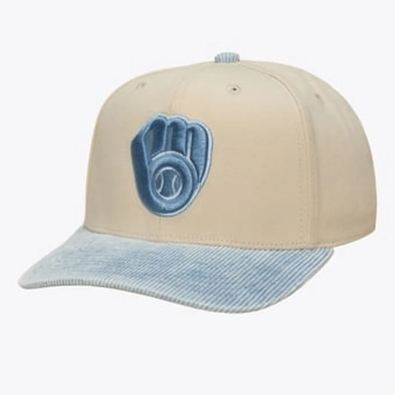 Men's Mitchell & Ness  Cream/Light Blue Milwaukee Brewers Washed Corduroy Pro Crown Snapback Hat