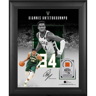 Giannis Antetokounmpo Milwaukee Bucks Facsimile Signature Framed 11" x 14" Showcase Collage with a Piece of Game-Used Basketball - Limited Edition of 250