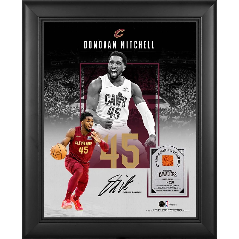 Donovan Mitchell Cleveland Cavaliers Facsimile Signature Framed 11" x 14" Showcase Collage with a Piece of Game-Used Basketball - Limited Edition of 250