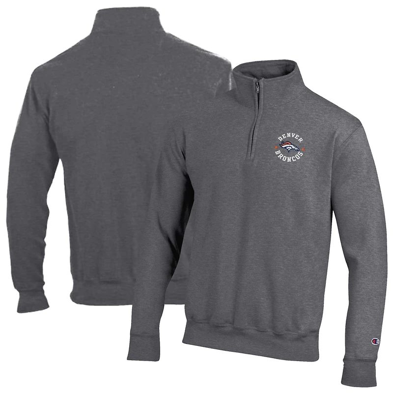 Men's Champion Heather Gray Denver Broncos Powerblend Quarter-Zip Pullover