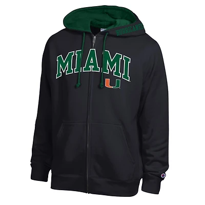 Men's Champion Black Miami Hurricanes Arch Logo Full-Zip Fleece Hoodie