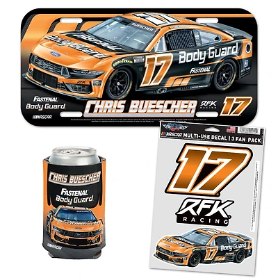 WinCraft Chris Buescher Fastenal Body Guard Fan Pack with License Plate, Decal Set & Can Cooler