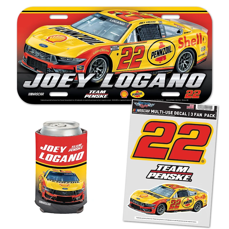 WinCraft Joey Logano Shell Pennzoil Fan Pack with License Plate, Decal Set & Can Cooler