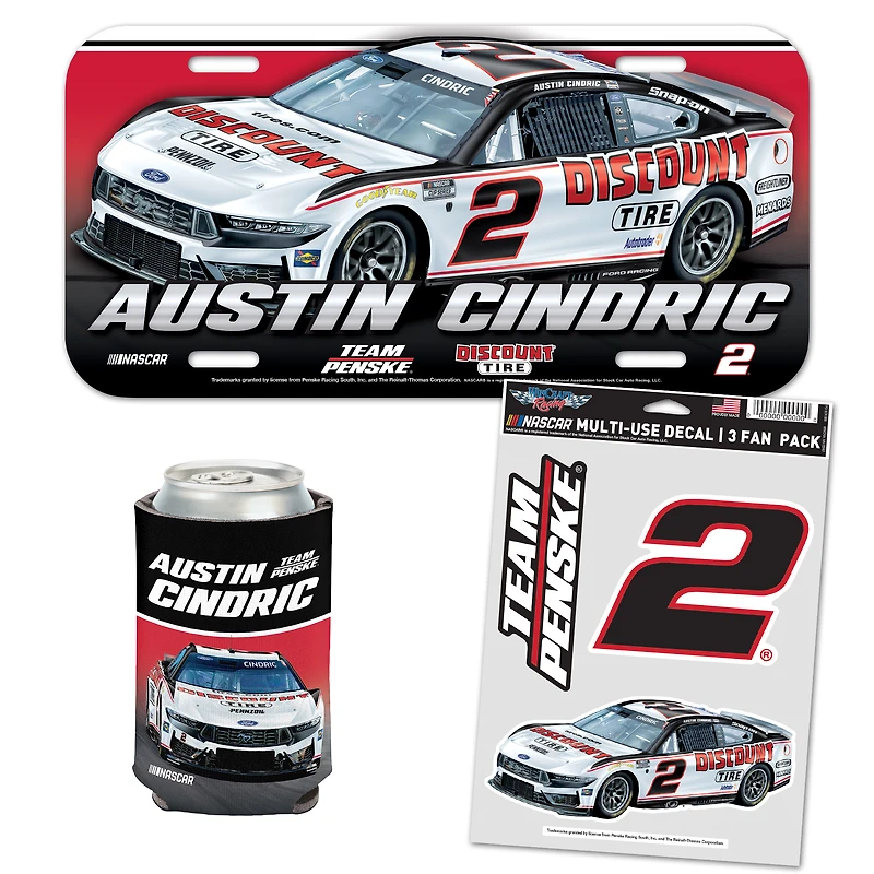 WinCraft Austin Cindric Discount Tire Fan Pack with License Plate, Decal Set & Can Cooler