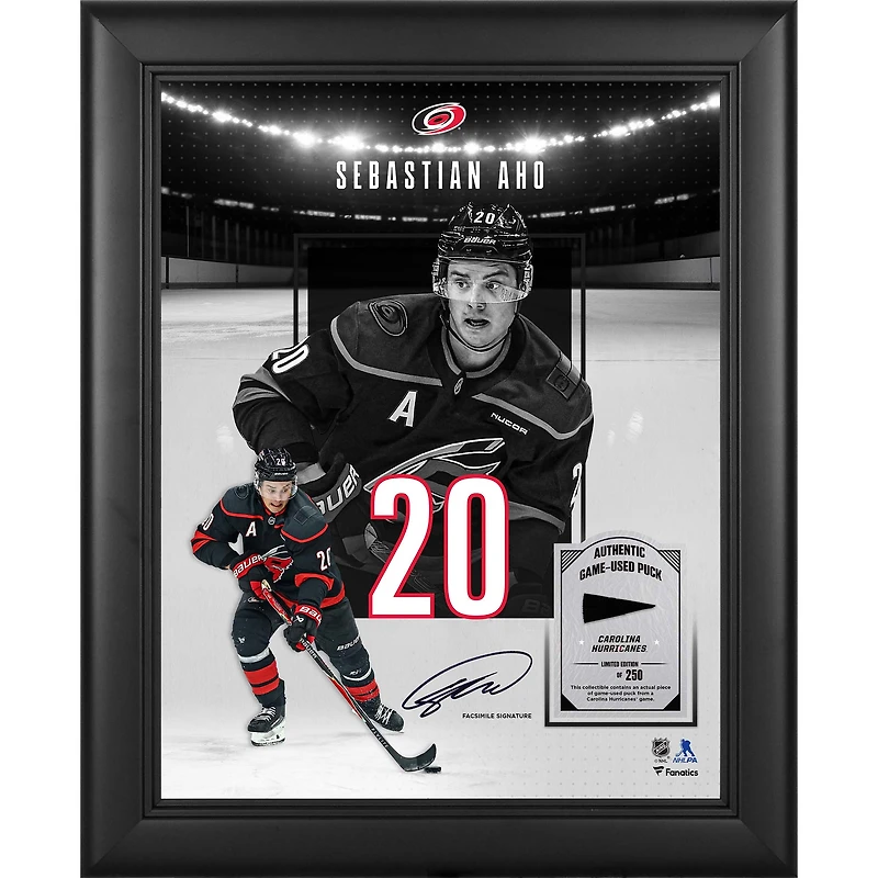 Sebastian Aho Carolina Hurricanes Facsimile Signature Framed 11" x 14" Showcase Collage with a Piece of Game-Used Puck - Limited Edition of 250