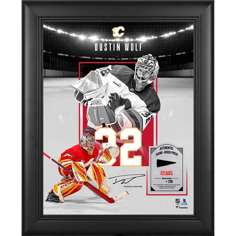 Dustin Wolf Calgary Flames Facsimile Signature Framed 11" x 14" Showcase Collage with a Piece of Game-Used Puck - Limited Edition of 250